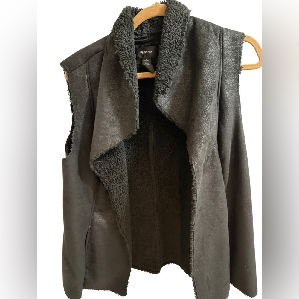 Style & Co Faux Suede Faux Fur Lined Draped Open Front Vest Women’s Size L Black - Picture 1 of 9